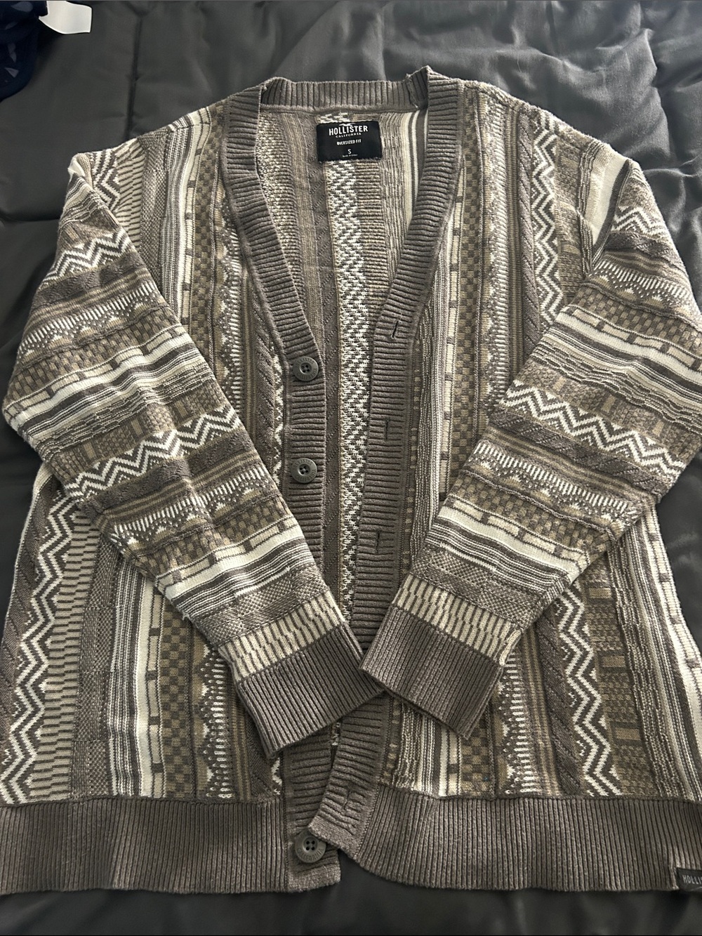 Hollister Taupe & Cream Patterned Knit Cardigan